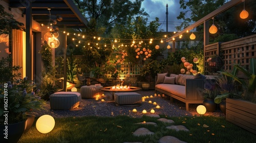 a cozy backyard with sofas and a garden decorated with beautiful garden lights.