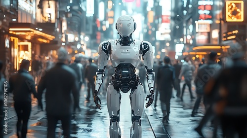 AI robot walking among people on a sleek urban street, surrounded by futuristic skyscrapers and neon signs, holographic displays above, polished metal textures,