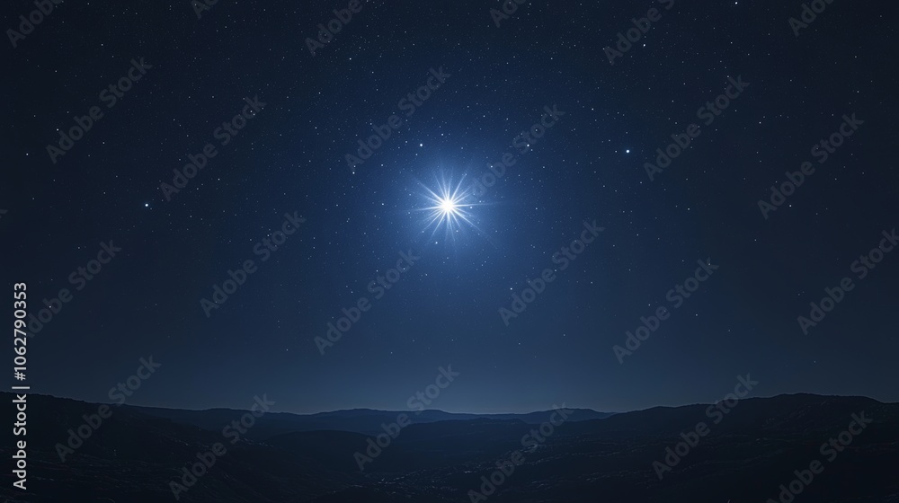 Bright Star in Night Sky Over Mountain Range Bright Star in Night Sky Over Mountain Range
