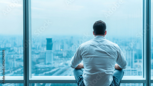 Man sitting by office window, reflecting on cityscape and life choices, feeling contemplative and introspective. urban skyline creates serene backdrop