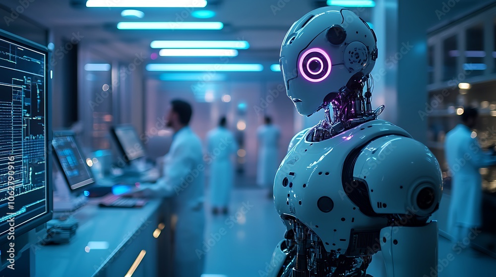 AI robot with glowing elements, in an underground lab filled with complex tech and flickering monitors, scientists in lab coats watching in awe, soft blue and purple lighting, AI robot with glowing elements, in an underground lab filled with complex tech and flickering monitors, scientists in lab coats watching in awe, soft blue and purple lighting,