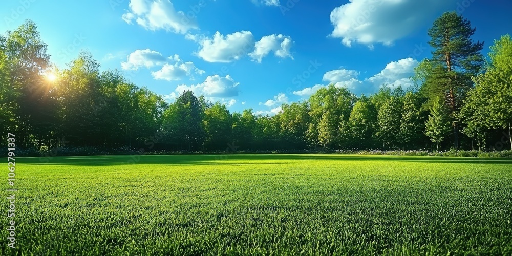 Fototapeta premium Beautiful blurred background image of spring nature with a neatly trimmed lawn surrounded by trees against a blue sky with clouds on a bright sunny day. 