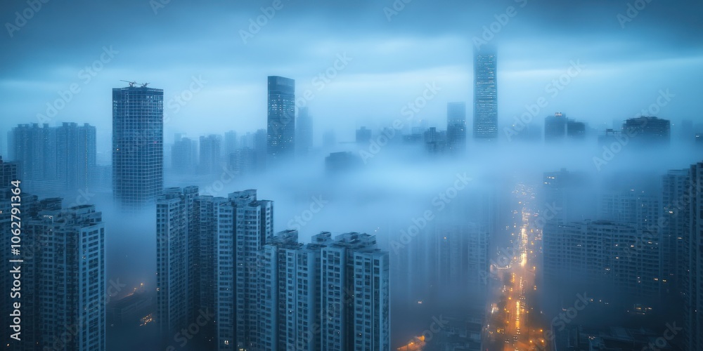 Foggy Skyline with Tall Buildings and Streetlights Foggy Skyline with Tall Buildings and Streetlights