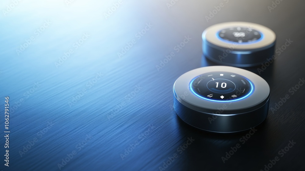 Eco-friendly smart thermostats on a sleek modern background with subtle lighting to emphasize energy efficiency Eco-friendly smart thermostats on a sleek modern background with subtle lighting to emphasize energy efficiency