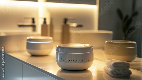 Electric massagers on a sleek modern bathroom countertop with soft lighting to evoke relaxation and convenience photo