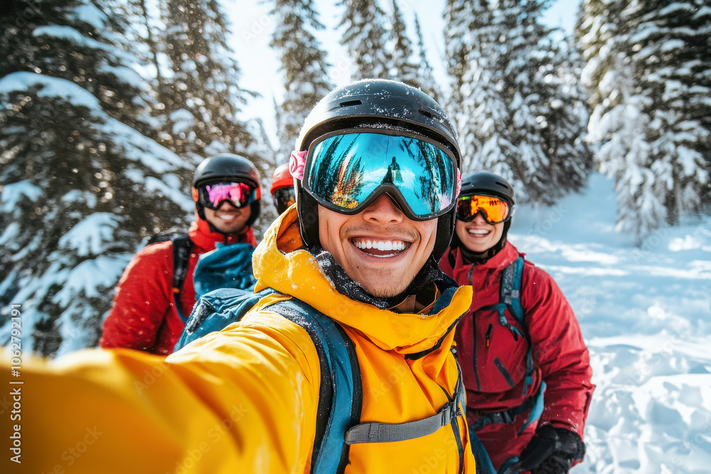 Group of friends taking selfie at ski resort, having fun together on sunny day, wearing colorful snow gear and smiling at camera, with snow-covered trees in background. Group of friends taking selfie at ski resort, having fun together on sunny day, wearing colorful snow gear and smiling at camera, with snow-covered trees in background.