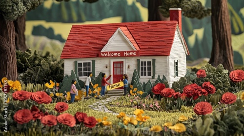 A cozy paper cut-out home with friends placing a 