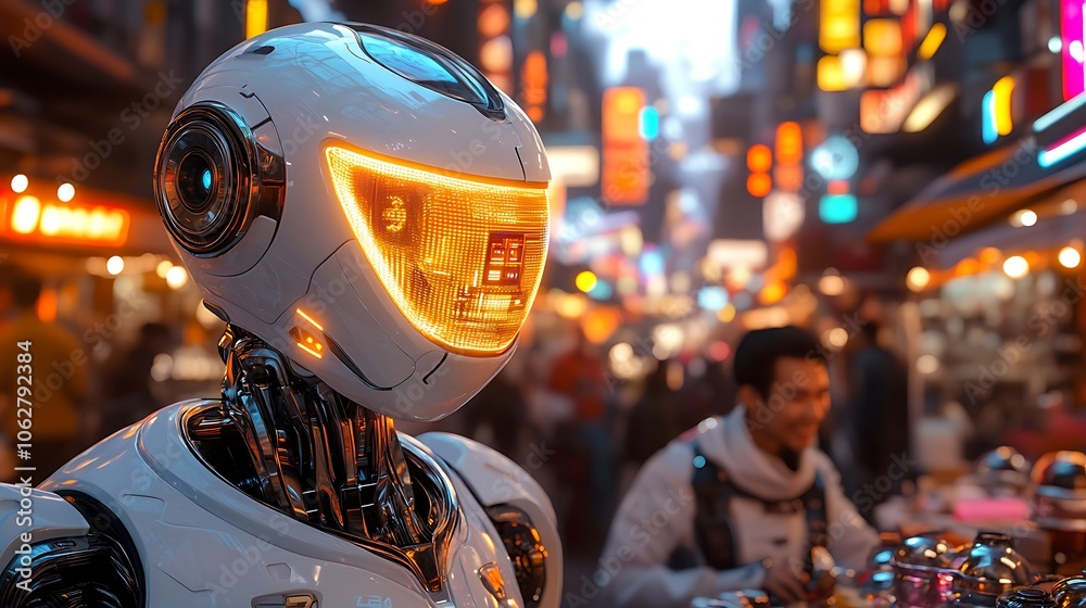 Close-up of an AI robot interacting with a human vendor in a vibrant sci-fi market, both smiling, neon and holographic elements illuminating the scene, detailed futuristic merchandise, intense colors, Close-up of an AI robot interacting with a human vendor in a vibrant sci-fi market, both smiling, neon and holographic elements illuminating the scene, detailed futuristic merchandise, intense colors,