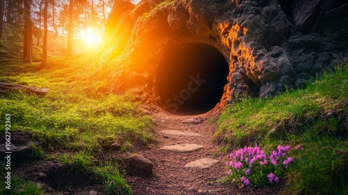 Mysterious Cave Entrance in Forest with Sunlight and Flowers photo