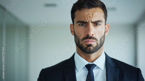 Confident businessman in a formal suit, showcasing determination and a strong presence in a modern office environment.