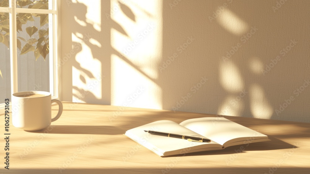 Fototapeta premium Cozy Lofi Workspace with Open Journal, Pen, and Coffee on Wooden Table Bathed in Warm Light - 3D Render Illustration
