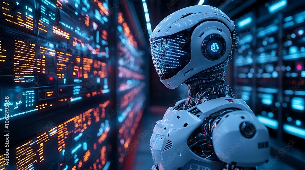 Detailed view of an AI robot in a futuristic data center, managing complex computations, intense neon lights, holographic data streams, ambient futuristic glow, sharp reflections on metallic surfaces, Detailed view of an AI robot in a futuristic data center, managing complex computations, intense neon lights, holographic data streams, ambient futuristic glow, sharp reflections on metallic surfaces,