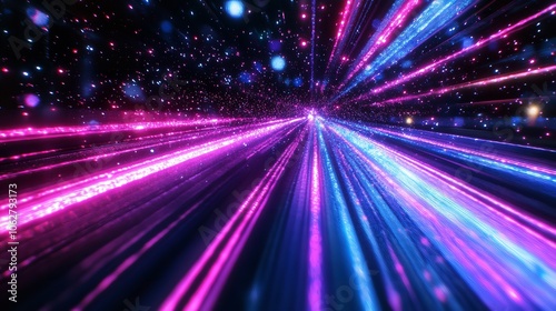 A abstract colorful, neon glowing tunnel with a purple and blue stripes