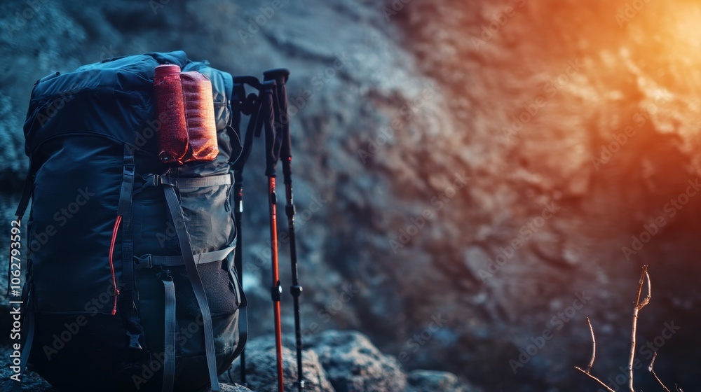 Obraz premium Portable hiking gear on a rugged outdoor background with dynamic lighting to evoke adventure and durability