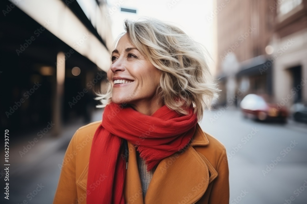 Portrait of smiling middle aged woman in coat and red scarf on city street