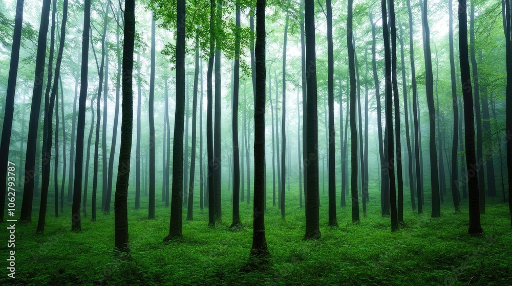 Fototapeta premium Lush green forest with tall trees and misty atmosphere, ideal for nature enthusiasts.