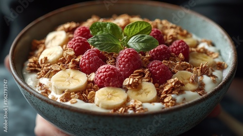 A nutritious bowl of yogurt topped with fruits and granola.