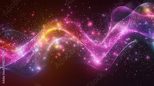 Abstract glowing wave with sparkling particles on a dark background.