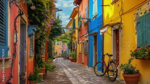 Narrow streets of a fishing village with colorful houses and bicycles in the morning.
