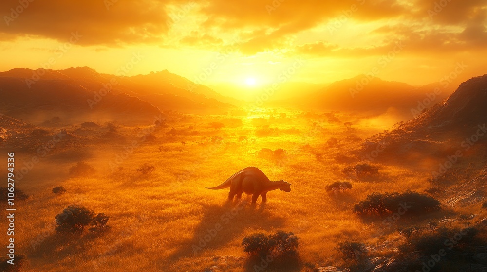 Dinosaur Silhouette in Golden Sunset Landscape Dinosaur Silhouette in Golden Sunset Landscape