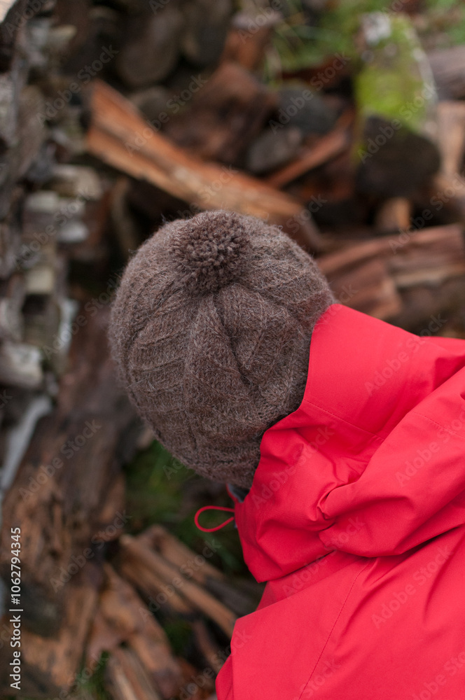 Person in Knitted Hat and Red Jacket Gathering Firewood Outdoors Person in Knitted Hat and Red Jacket Gathering Firewood Outdoors