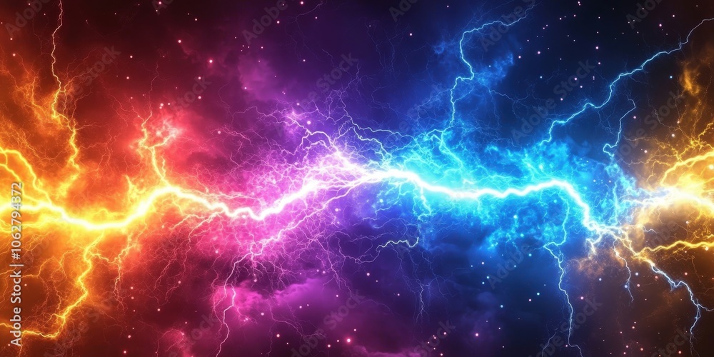 Colorful lightning background, red yellow blue purple lightning effects, colorful thunderstorm, Rainbow lightning effect. electric texture, banner	

