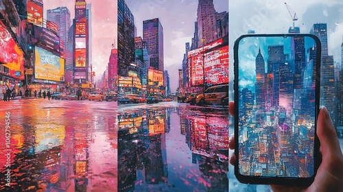 A trio of urban reflections; first panel shows a vibrant cityscape reflected in a sidewalk puddle, second shows a city block mirrored on a building’s glass window, photo