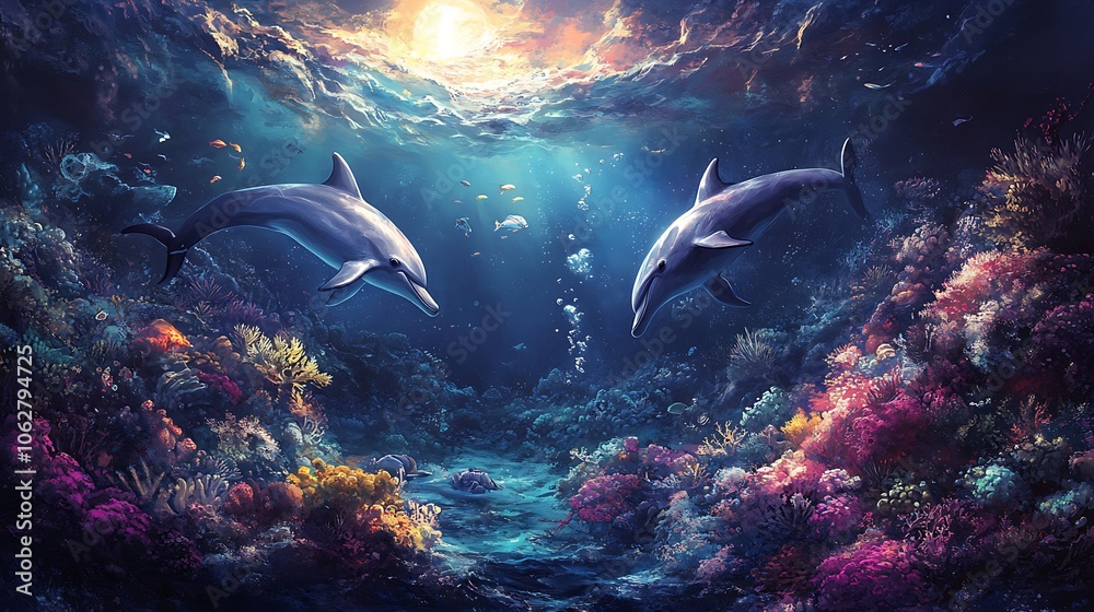 Obraz premium A triptych ocean journey; first panel showing the bright surface with playful dolphins, second filled with a lush coral reef and vibrant sea life,