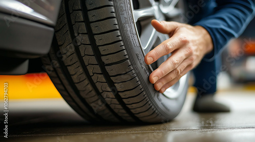 Reifen vom Auto nahaufnahme Ausschnitt mit Hand und Werkzeug Drehmomentschlüssel Luftdruck prüfen Winterräder aufziehen Generative AI