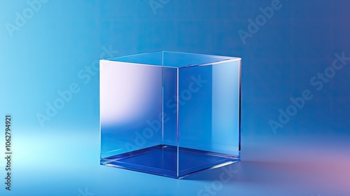 Transparent glass cube on a blue gradient background. Transparent background texture with a dream for text. Generated by artificial intelligence.