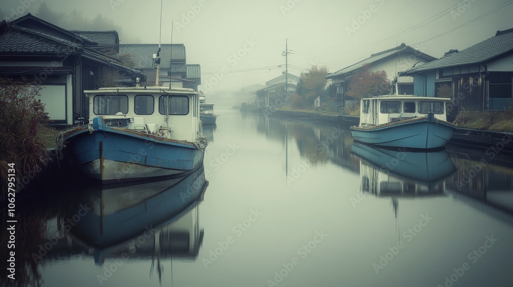 Fototapeta premium Foggy Canal with Boats and Traditional Houses in Japan
