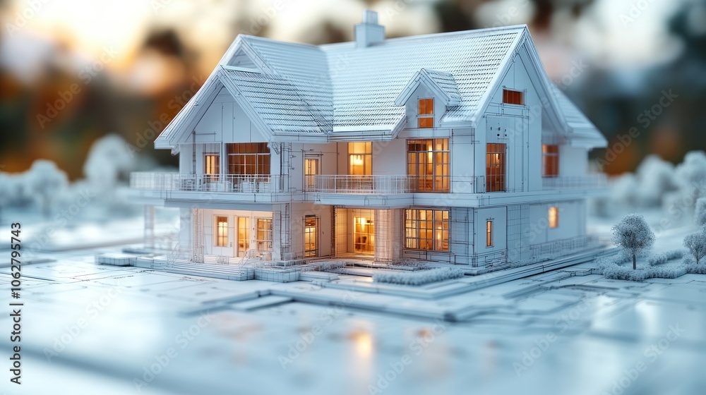 3D architectural model of a modern house with warm lighting. 3D architectural model of a modern house with warm lighting.