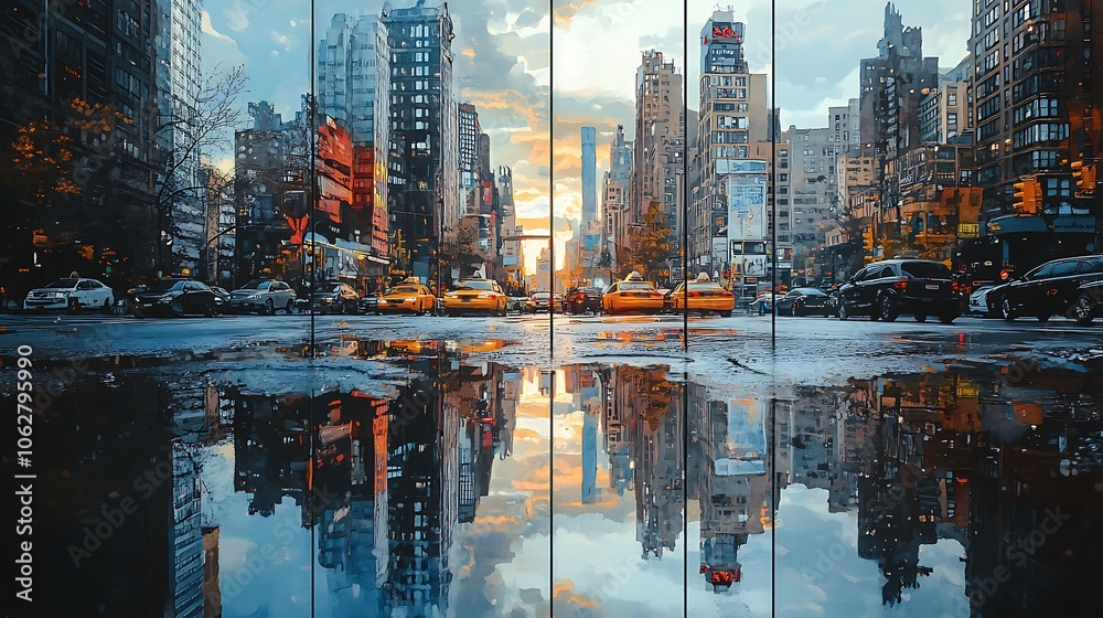 Fototapeta premium Cityscape reflections in three stages; first panel with a rainy-day reflection in a puddle, middle with sunlight casting reflections on glass windows,