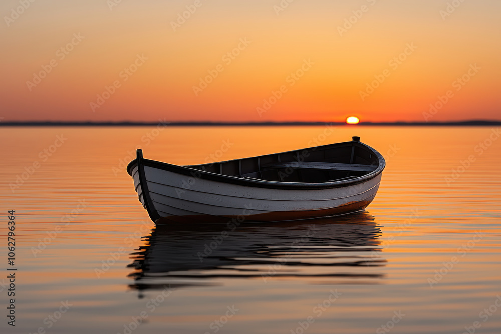 Creative and Imaginative Concepts, A serene sunset over calm waters featuring a small boat gently floating, perfect for evoking peace and tranquility. Creative and Imaginative Concepts, A serene sunset over calm waters featuring a small boat gently floating, perfect for evoking peace and tranquility.