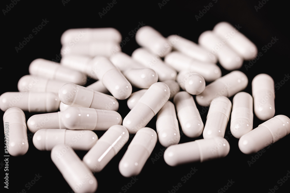 White pharmaceuticals on a black background White pharmaceuticals on a black background