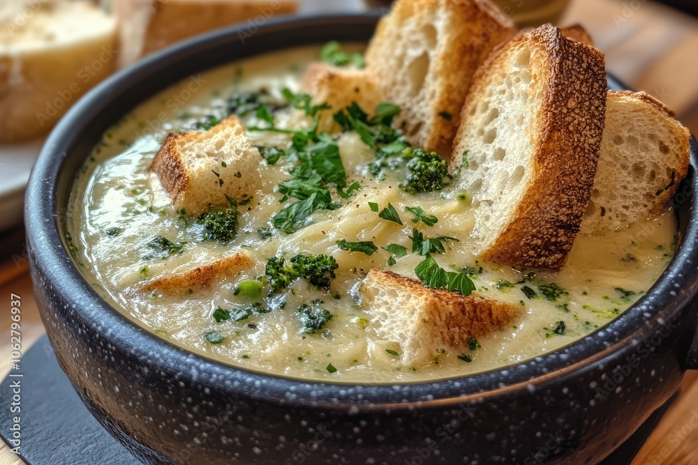 Creamy broccoli cheddar soup garnished with toasted croutons and parsley Creamy broccoli cheddar soup garnished with toasted croutons and parsley