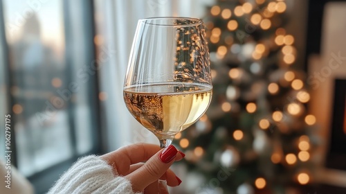 Woman holding glass of white wine near christmas tree at home photo