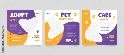 Set of pet care promotion banner social media pack template. Pet adoption social media post template. Pet shop social media carousel template.
