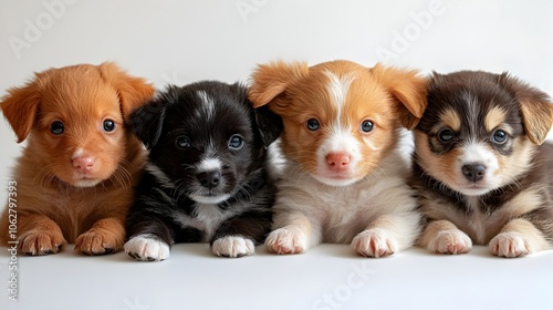 Adorable and playful group of puppies or young dogs frolicking,jumping and running on a plain white background. The puppies look happy,energetic and joyful as they play together. photo