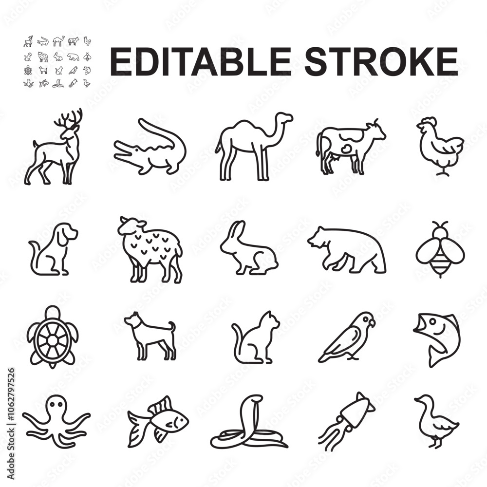 Collection of icons of various animals. Thin line vector, contains icons such as deer,cow,snake and more. Collection of icons of various animals. Thin line vector, contains icons such as deer,cow,snake and more.