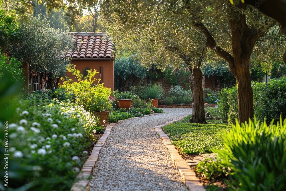 Gravel garden path winding through lush green plants and trees Gravel garden path winding through lush green plants and trees