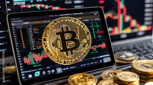 Bitcoin Cryptocurrency Trading Digital Currency on Laptop with Charts