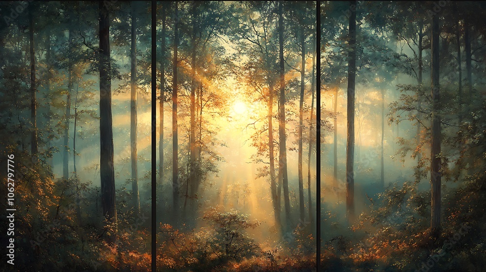 Obraz premium Forest captured in three times of day; first panel with a peaceful sunrise casting soft rays through morning mist, middle with bright, clear midday sunlight illuminating the canopy,