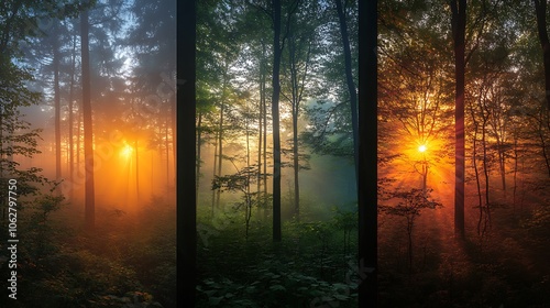 Forest adventure through the day; left with misty sunrise over tall trees, middle with vivid midday light highlighting foliage, and right with a warm, colorful sunset,