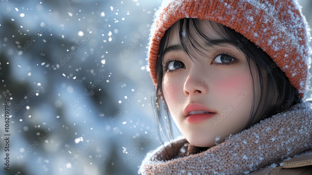 Young woman wearing knit hat and scarf enjoying falling snow Young woman wearing knit hat and scarf enjoying falling snow
