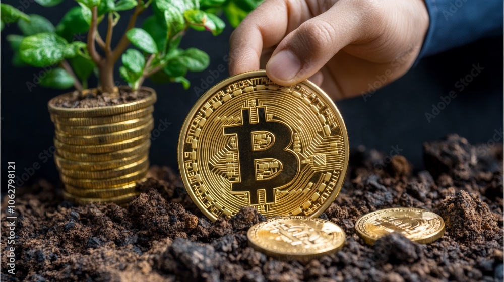 Fototapeta premium Bitcoin Cryptocurrency Investment Growth Gold Coin Plant Soil Finance