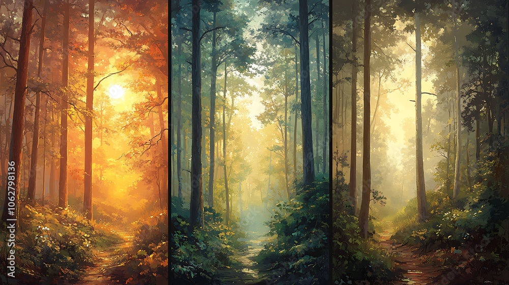 Obraz premium Forest scenes at sunrise, midday, and sunset; morning mist and warm sunrise colors, noon with bright light and lush green undergrowth, and evening with the forest bathed in golden light,