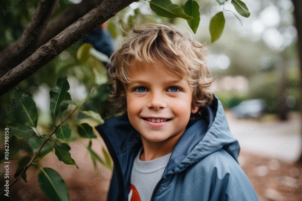 portrait of smiling little boy in raincoat looking at camera in park portrait of smiling little boy in raincoat looking at camera in park