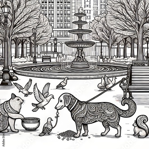 Scene The dog is on a leash walking with its owner The pigeon is