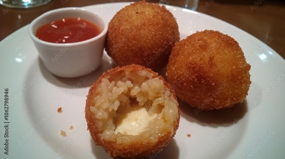 Italian arancini rice balls, crispy and golden, filled with mozzarella and served with marinara sauce Italian arancini rice balls, crispy and golden, filled with mozzarella and served with marinara sauce
